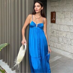 Zara Flowy Satin Effect Maxi Dress Blue Cobalt Sz Small